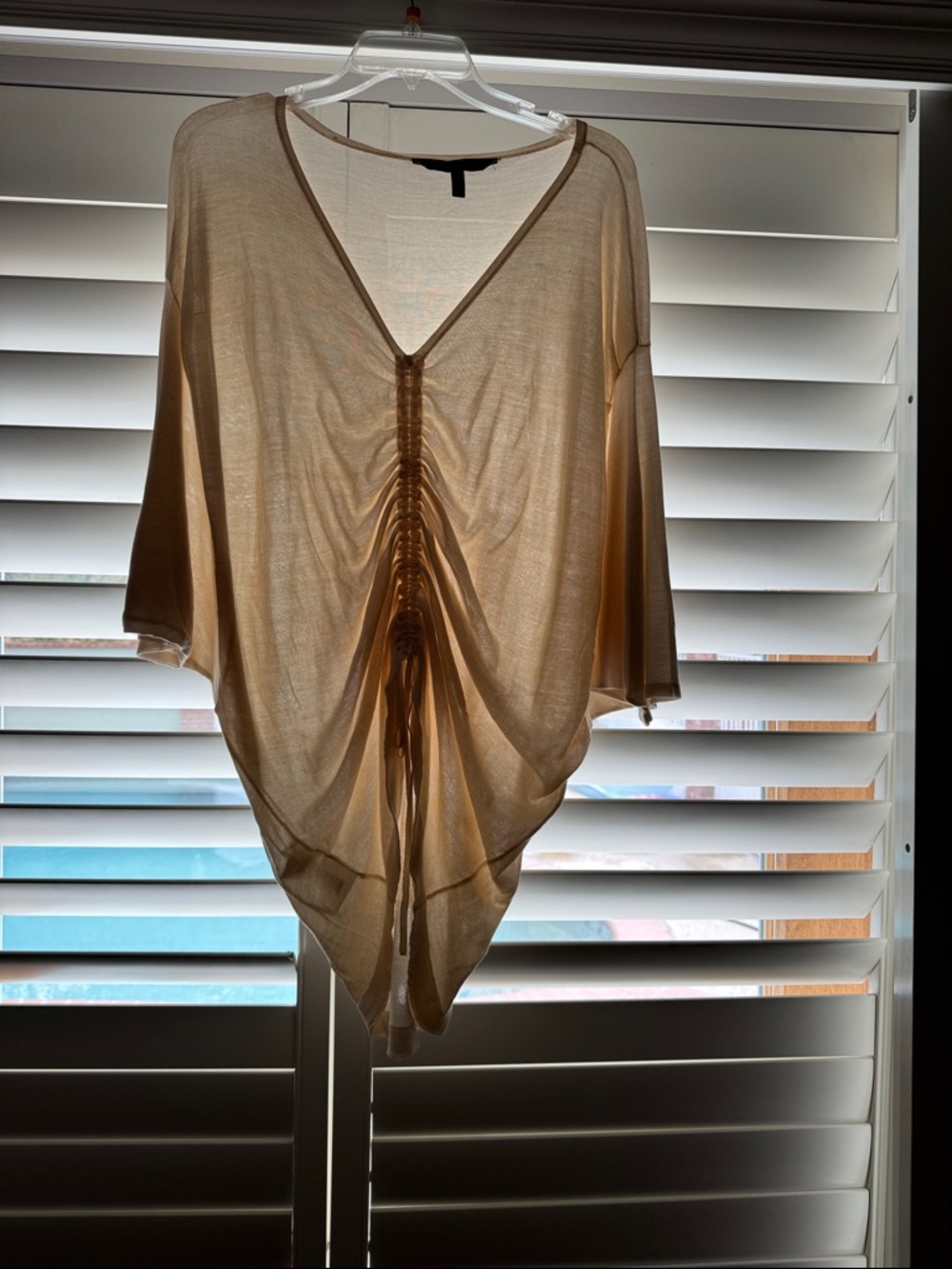 BCBGMaxAzria Beige Drawstring V-Neck Sheer Blouse